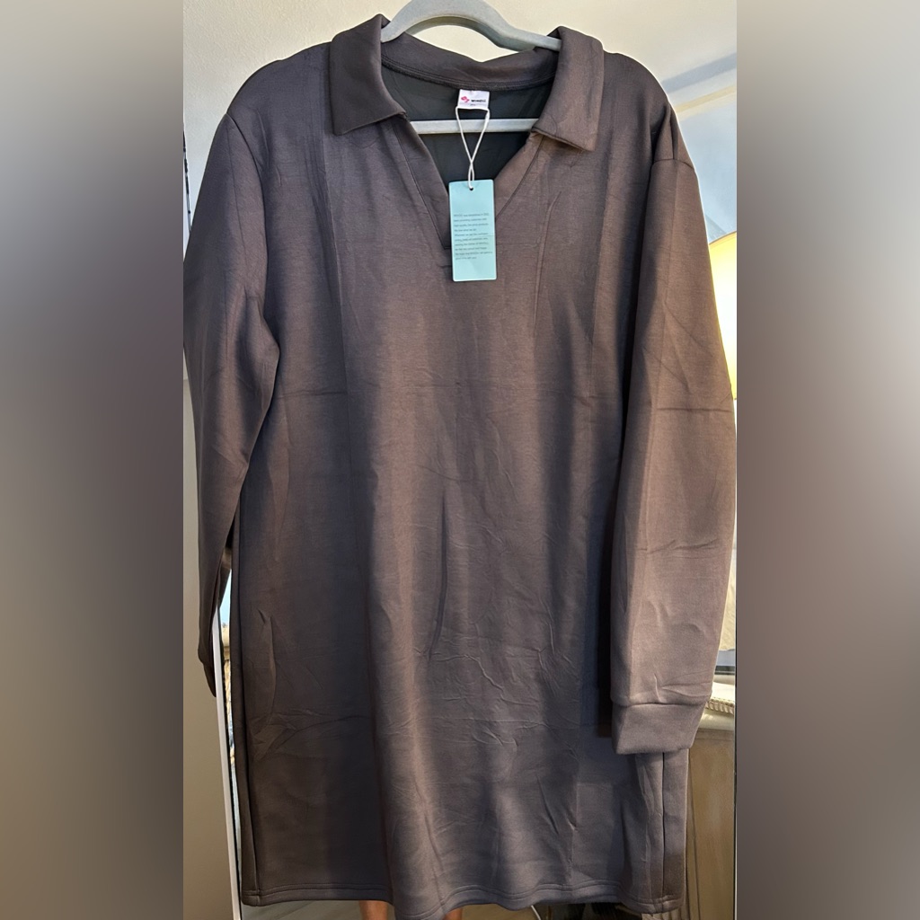 New Long Sleeve Lapel Collared V Neck Sweatshirt Dress Loose Fit Mini Dress Xl